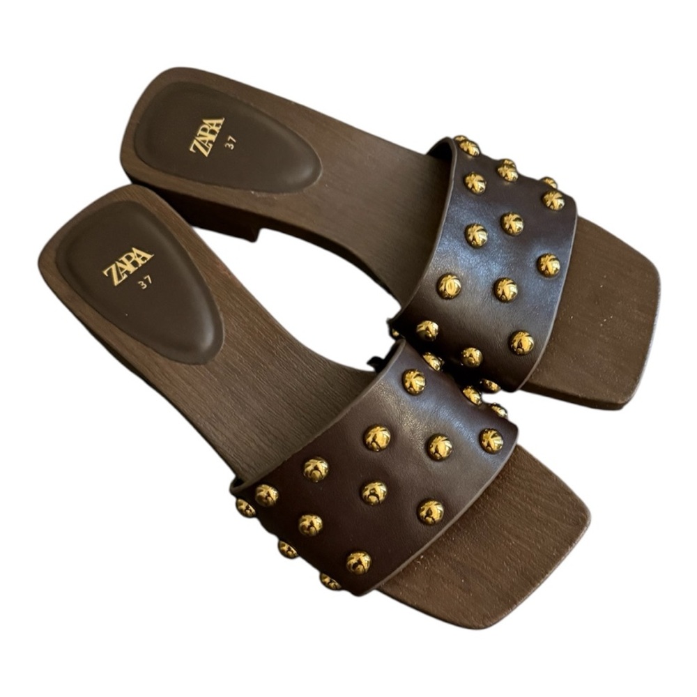 Zara Brown Slide Sandals with Gold Studs bought THIS SEASON!